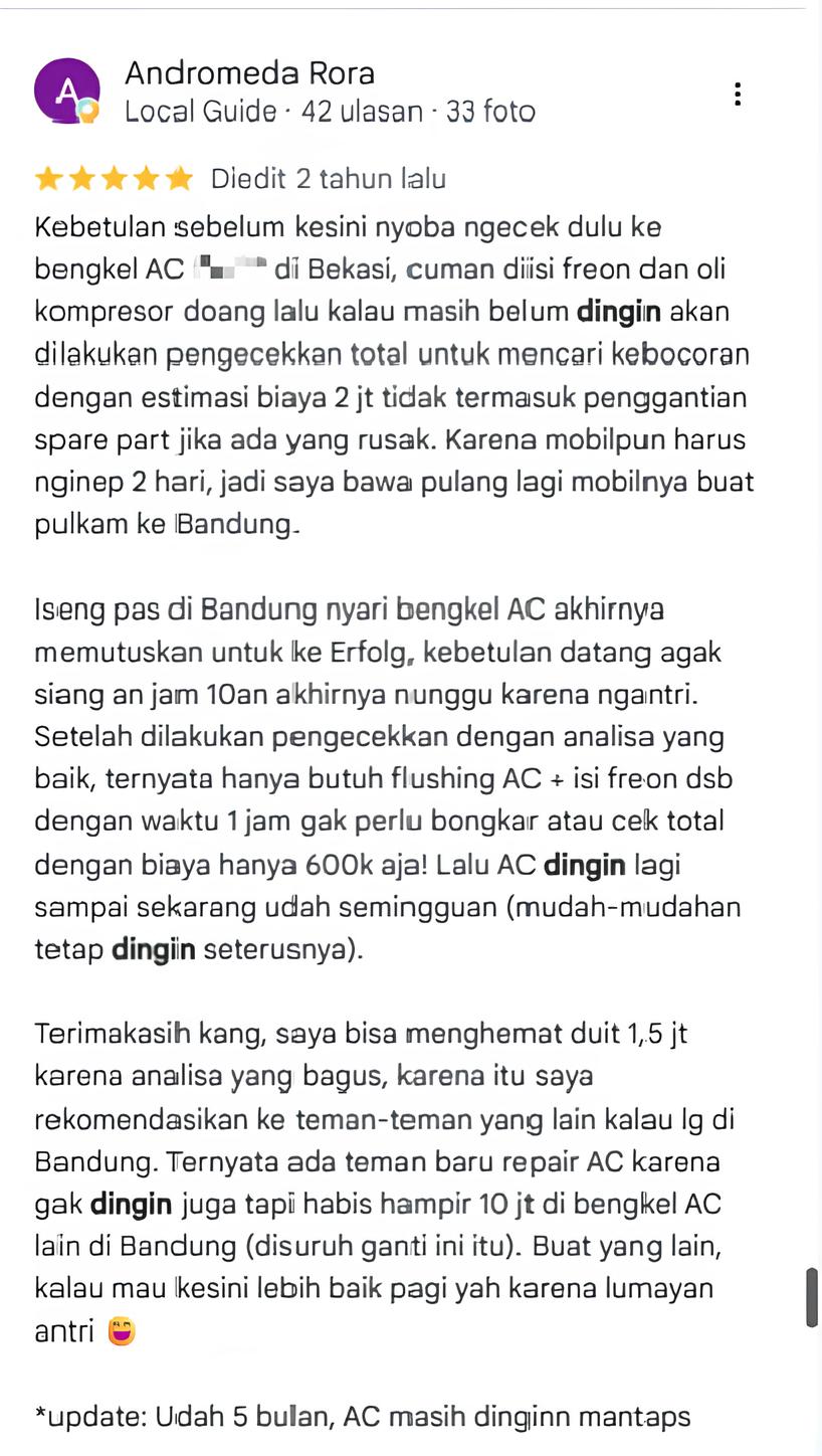 Ulasan Google Andromeda Rora tentang penghematan biaya servis AC mobil di Erfolg AC Bandung